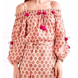 NEW Figue XL Pink Floral Off-Shoulder Pom Pom Mini Dress Cotton Boho Block Print